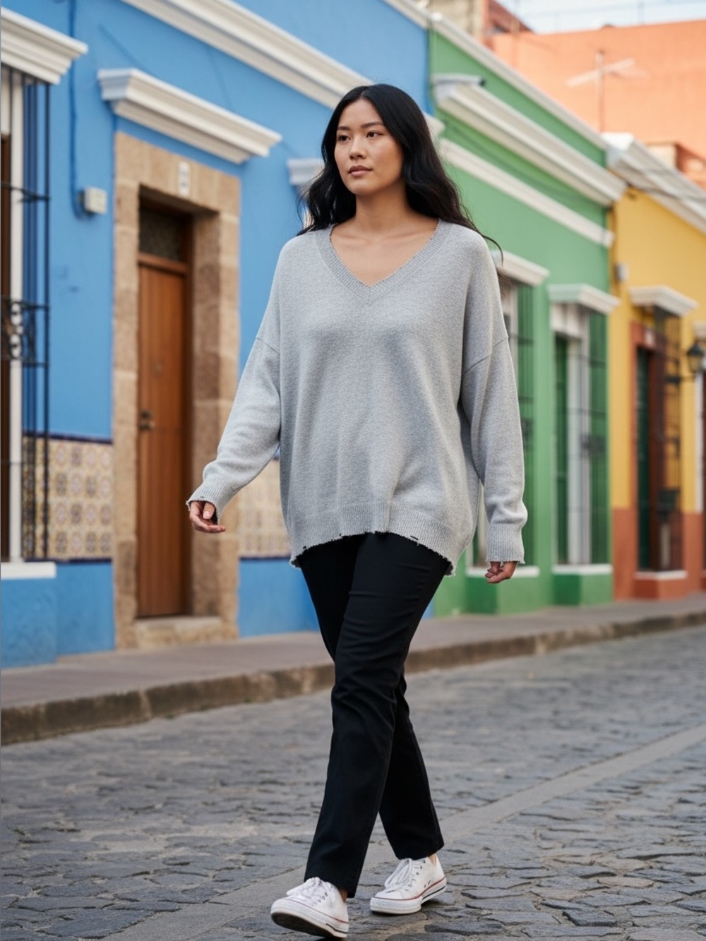Minnie Rose Gray Cotton Cashmere blend frayed hem V neck sweater NWT XL